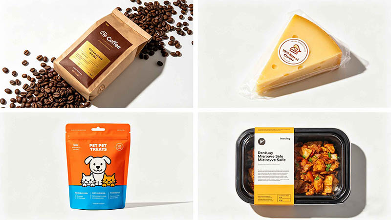 Collage of four different packaged products: coffee, cheese, pet treats, and ready meals